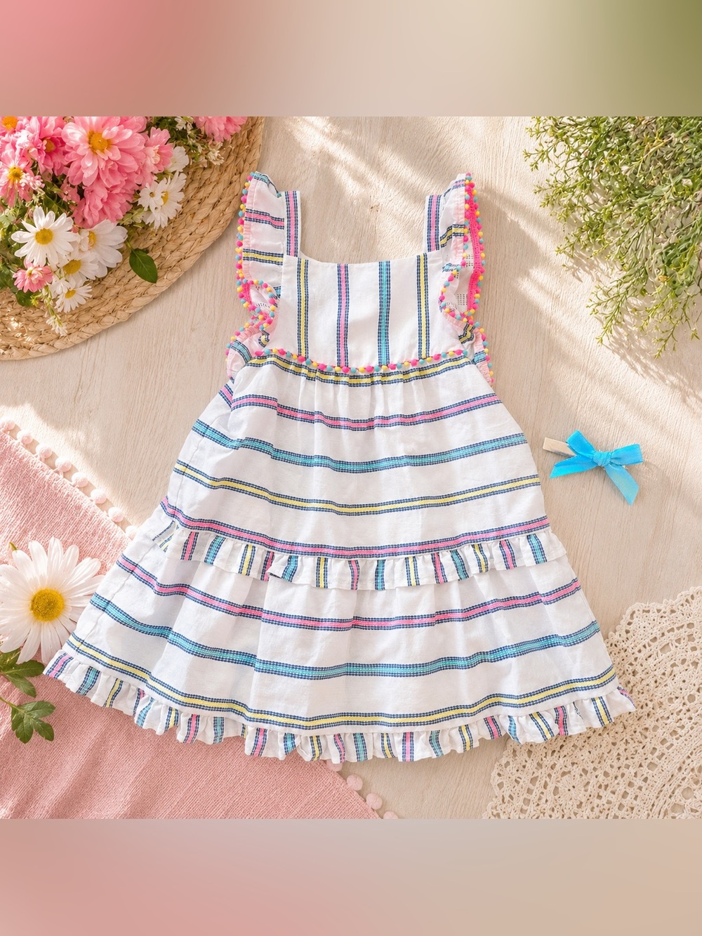 Cat & Jack 4T Striped Tiered Sundress + Blue Bow Hair Clip